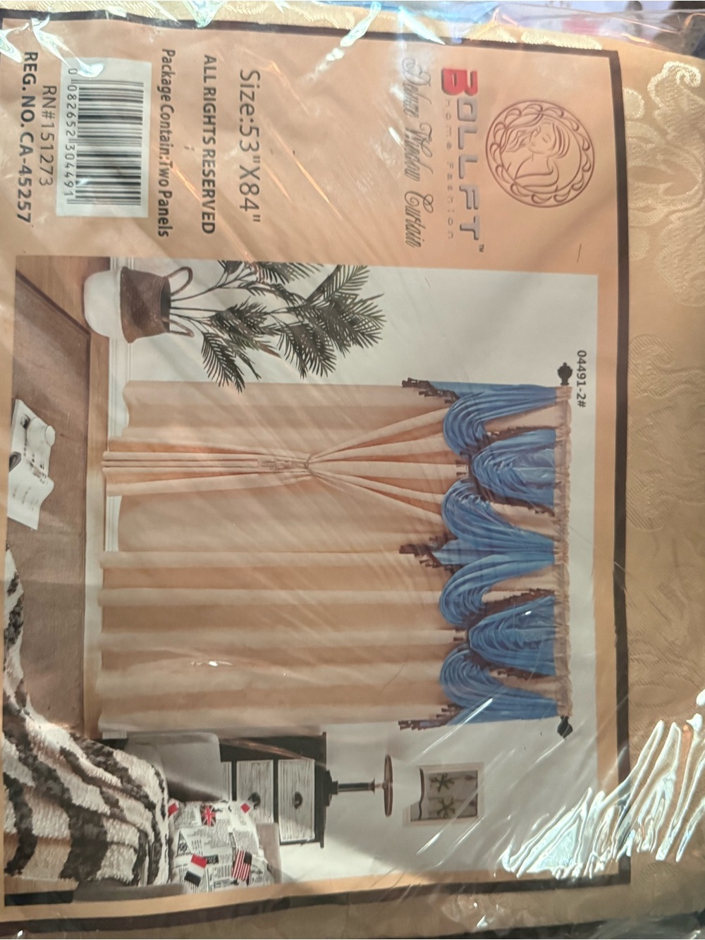 Beige Curtain Panel Set with Blue Swag Top Treatment